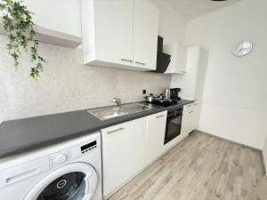 een keuken met een spoelbak en een wasmachine bij Time Wohnung in Wuppertal +15 foto's
