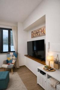 een woonkamer met een grote flatscreen-tv bij La casa di Marzapane in Spigno Saturnia