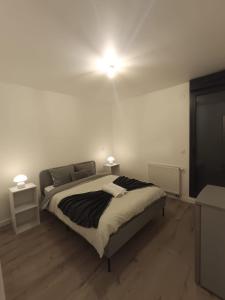 ein Schlafzimmer mit einem Bett und zwei Lichtern an der Decke in der Unterkunft Chambre simple à 20 minutes de Paris in Livry-Gargan + 12 Fotos