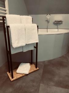 a towel rack with towels on it next to a sink at Nido Vela Appartement in Wesseling +41 photos