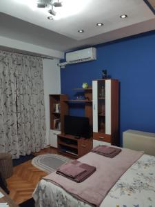 een slaapkamer met een bed en een tv en een blauwe muur bij KS Studio in Borča +6 foto's