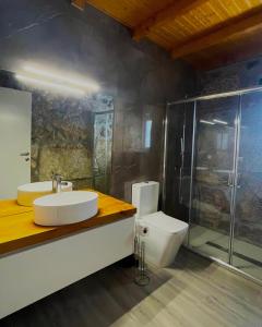een badkamer met wastafel, douche en toilet bij Refúgio do Vale in Celorico de Basto