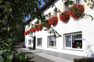 a white building with red geraniums in windows at Haus Sonnenschein in Üdersdorf +38 photos