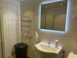 een badkamer met een wastafel, een spiegel en een vuilnisbak bij Sättraby villa in Norrtälje +16 foto's