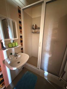 een kleine badkamer met een wastafel en een douche bij Face à la Mer TANGER in Hauara