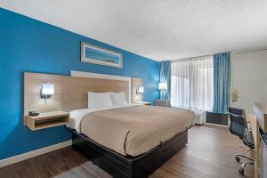 ein Hotelzimmer mit einem großen Bett und blauen Wänden in der Unterkunft Quality Inn & Suites Conference Center in New Port Richey