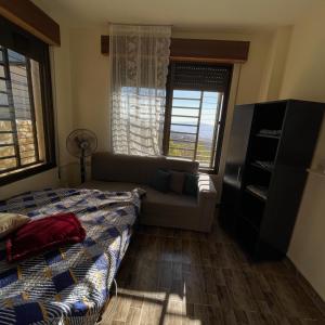 een woonkamer met een bed en een bank bij Lion's Den Chaletاستراحة وشاليه في جرش in Jerash