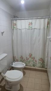 ein Badezimmer mit Toilette und Duschvorhang in der Unterkunft Valle del Río Chico in Gobernador Gregores + 12 Fotos