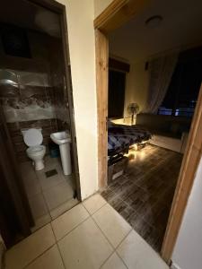 een badkamer met een toilet en een bed in een kamer bij Lion's Den Chaletاستراحة وشاليه في جرش in Jerash