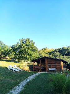 a log cabin in the grass with a path leading to it at Brvnare Duguljac Fruška Gora in Bukovac
