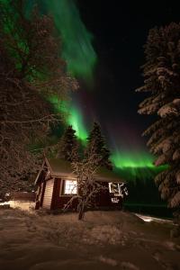 een afbeelding van het noorderlicht boven een hut bij Lapland Aurora Riverside in Raiskio
