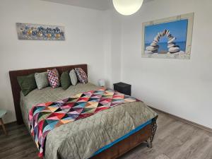 een slaapkamer met een bed met een kleurrijke quilt bij Lagune in Görlitz