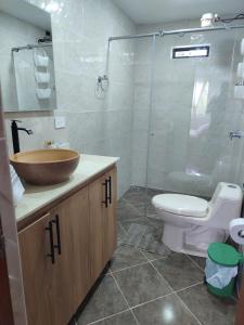 een badkamer met een wastafel, een toilet en een douche bij Finca Vista Verde Guarne in Guarne