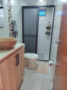 een badkamer met een toilet en een douche met een wastafel bij Finca Vista Verde Guarne in Guarne +6 foto's