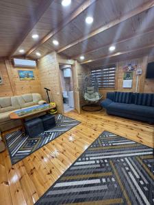 a living room with a blue couch and a rug at Pasakų namelis in Svėdasai
