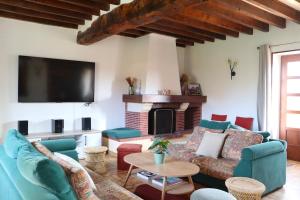 een woonkamer met een bank en een open haard bij Gîtes Le Gros Chêne in Meaucé