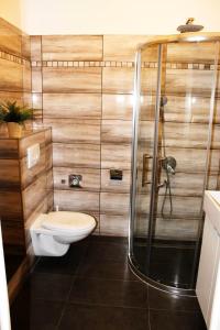 a bathroom with a toilet and a glass shower at City Centre Apartment in Budapest
