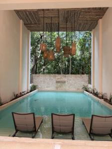 una piscina in una casa con sedie e lampadari di Balam Tulum a Cedro Altre 18 foto