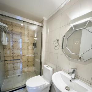 a bathroom with a toilet and a shower and a sink at Hotel Boutique Holitel in Santiago +44 photos