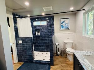een badkamer met een douche en een blauwe tegelwand bij Secluded Lake Cottage with Hot Tub in Corralitos +14 foto's