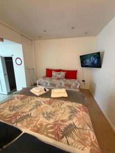 ein Schlafzimmer mit zwei Betten und einem Fernseher an der Wand in der Unterkunft SAN FRANCISCO in Comodoro Rivadavia