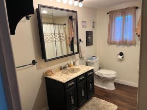 a bathroom with a sink and a toilet and a mirror at Sunset Cottage in Havana +8 photos