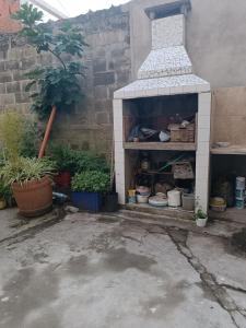 een buitenruimte met een open haard, planten en potten bij Palermo calle 1 in Mar del Tuyú