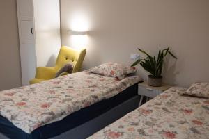 a bedroom with two beds and a yellow chair at Apartamenty obok Suntago Park of Poland parking gratis in Wręcza