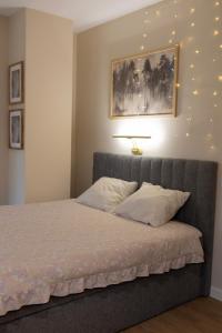 a bedroom with a bed with lights on the wall at Apartamenty obok Suntago Park of Poland parking gratis in Wręcza