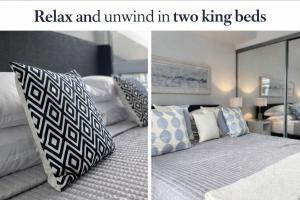 twee foto's van een slaapkamer met een bed met kussens bij Stunning Stayz Luxury 2 King Suite at Friday Harbour Resort Marina Walk & Parking in Innisfil +64 foto's