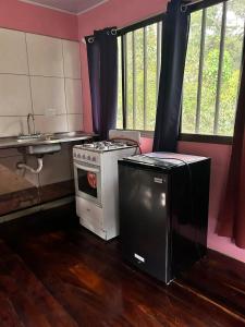 a kitchen with a stove and a sink at Hospedaje el Argentico in Tapantí