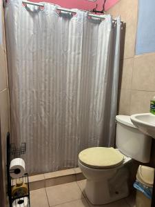 a bathroom with a shower curtain and a toilet at Hospedaje el Argentico in Tapantí