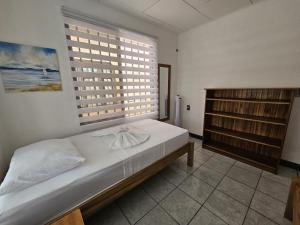 een slaapkamer met een bed en een boekenplank bij Casa Burbujas in Puerto Jiménez