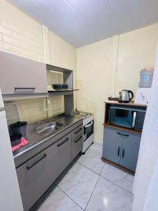 een kleine keuken met een spoelbak en een magnetron bij Pousada do vô Bi 02 in São Francisco do Sul