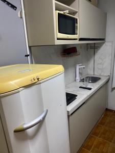 a small kitchen with a microwave and a sink at San Juliano Studios in Foz do Iguaçu