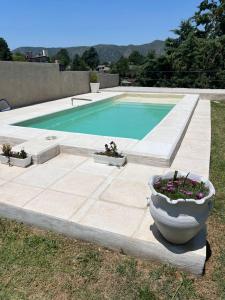 ein Schwimmbad mit zwei Blumentöpfen daneben in der Unterkunft Único loft con pileta cerca de Villa Carlos Paz in San Antonio de Arredondo
