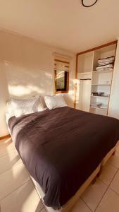 ein großes Bett in einem Schlafzimmer mit Spiegel in der Unterkunft Cabaña Los Arrayanes 2 in Coihueco
