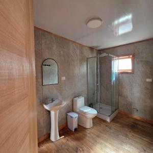 a bathroom with a toilet and a sink and a shower at Cabaña 1 - Rancho Doble AA in La Junta +13 photos