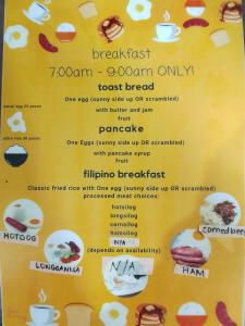 爱妮岛Lola Flor's Guest House的餐厅早餐糕点菜单