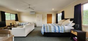 une chambre avec un lit, un canapé et une télévision dans l'établissement Avocado Orchard Retreat!, à Katikati