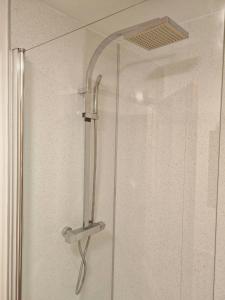 eine Dusche mit Glastür und Duschkopf in der Unterkunft Relax in this Charming Rushden Retreat in Rushden