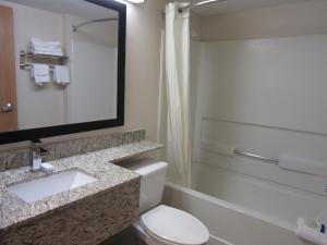 a bathroom with a toilet and a sink and a mirror at Travelodge by Wyndham Arlington/Dallas Area in Arlington