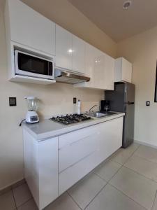 een keuken met witte kasten, een spoelbak en een magnetron bij Monarca in Uruapan del Progreso