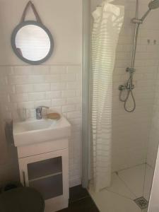 un bagno bianco con lavandino e doccia di Bungalow à Dumbea rivière 