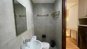 a bathroom with a toilet and a sink and a mirror at Dewi's Pollux in Batam Center +7 photos