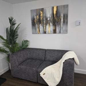 een bank in een woonkamer met een schilderij aan de muur bij Ici Chez Vous in Trois-Rivières