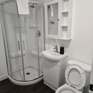 een badkamer met een douche, een toilet en een wastafel bij Ici Chez Vous in Trois-Rivières