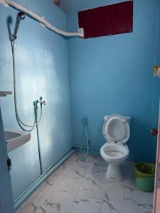 Phumĭ Poŭthĭ Mâ SreiLazy Mango Home Stay的蓝色的浴室设有卫生间和淋浴。