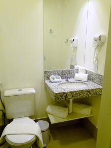 a bathroom with a toilet and a sink with a mirror at Easy Hotel Cachoeiro de Itapemirim by Atlantica in Cachoeiro de Itapemirim