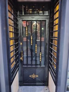 Una porta nera con le maniglie dorate di Apartamento Cervantes 2 ad Alcalá de Henares